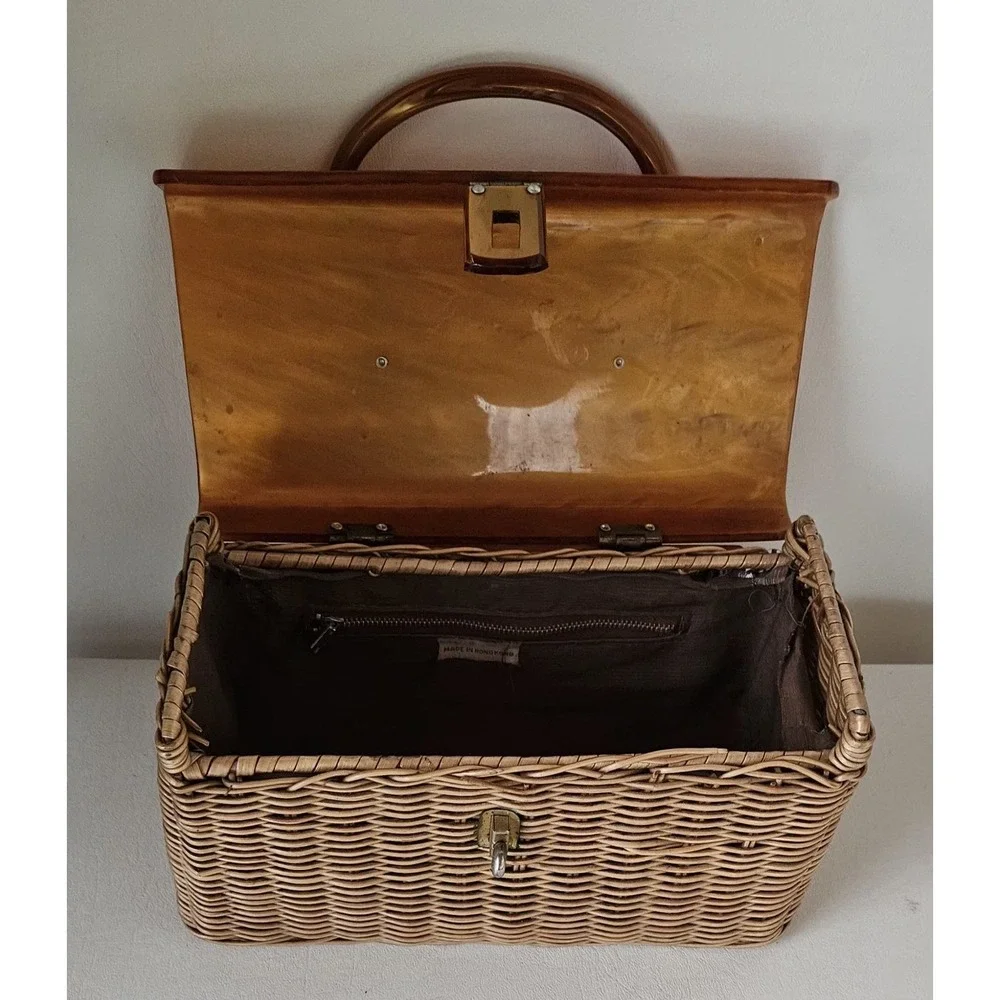 Vintage Plastic Wicker Gold Marbled Swirl Box Purse